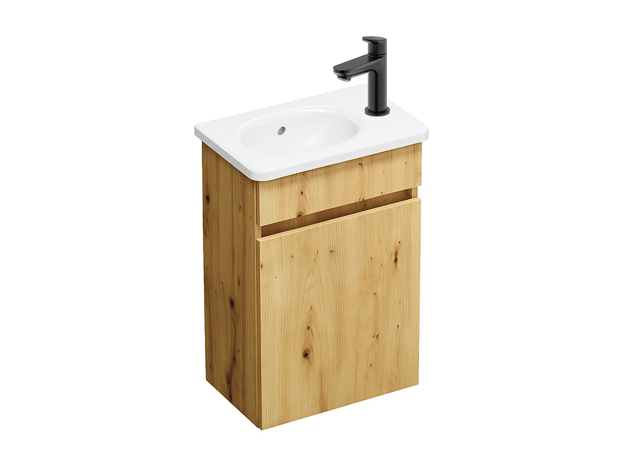 Pack meuble suspendu lave-mains BURGBAD Joline chêne + Robinet lave-mains eau froide Duravit Wave noir mat