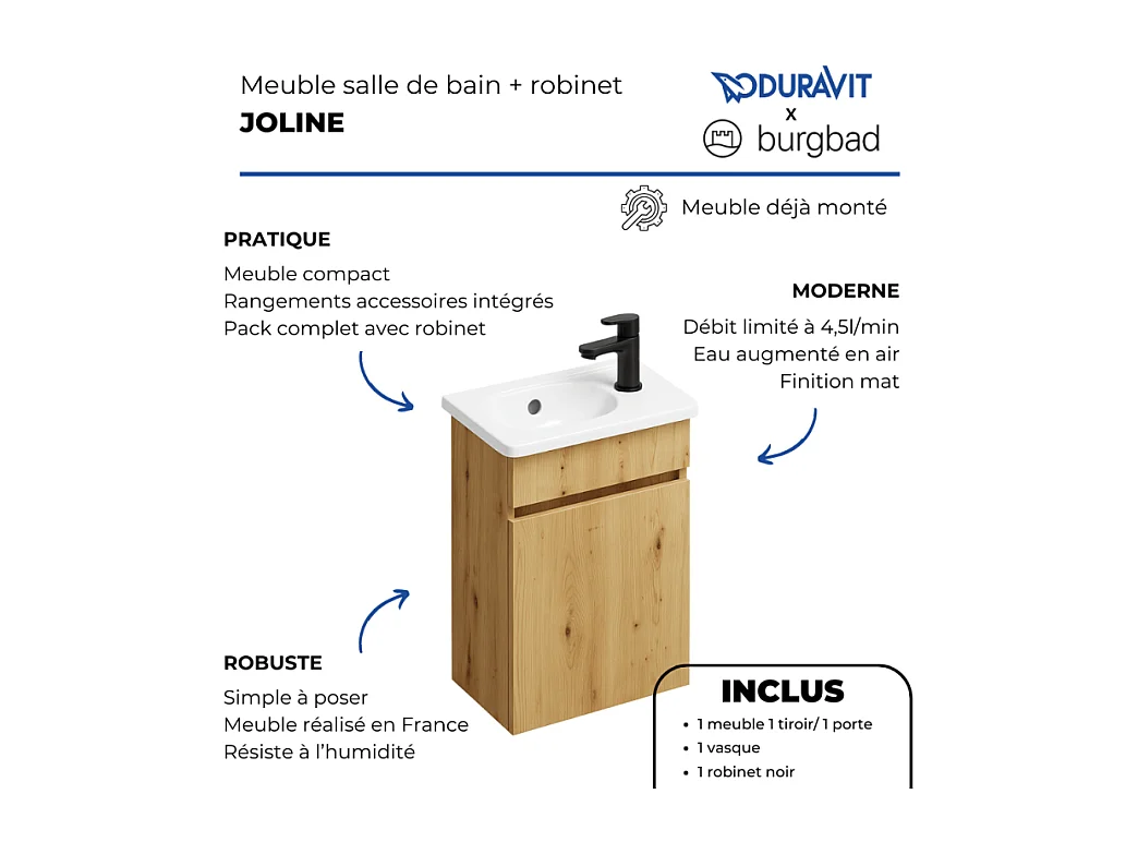 Pack meuble suspendu lave-mains BURGBAD Joline chêne + Robinet lave-mains eau froide Duravit Wave noir mat