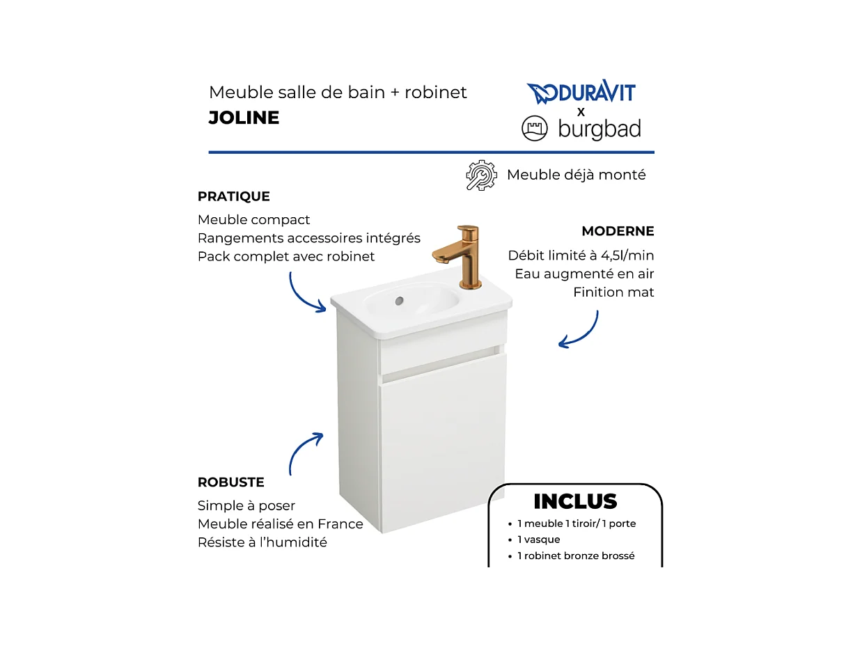 Pack meuble suspendu lave-mains BURGBAD Joline blanc mat + Robinet lave-mains eau froide Duravit Wave bronze brossé