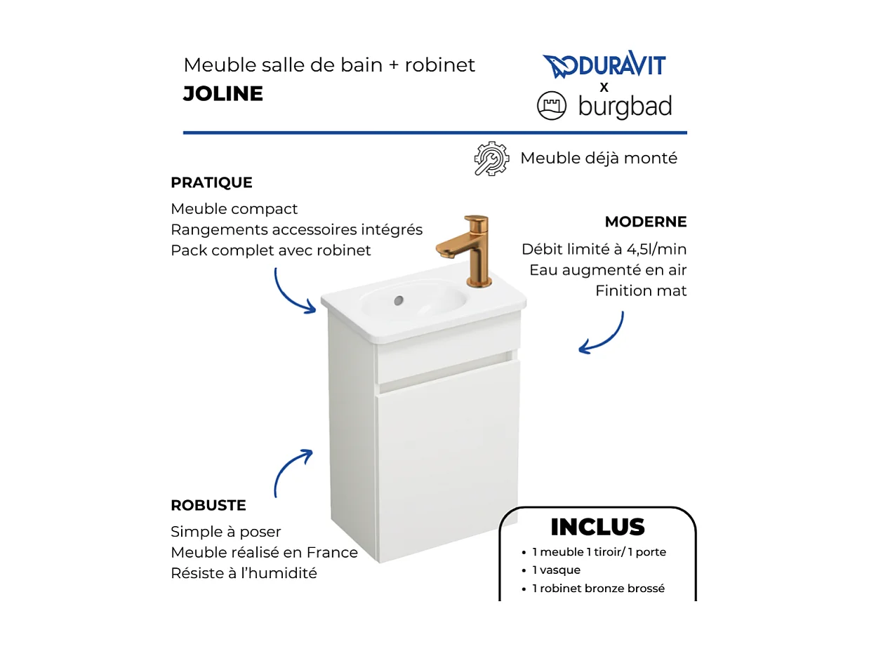 Pack meuble suspendu lave-mains BURGBAD Joline blanc mat + Robinet lave-mains eau froide Duravit Wave bronze brossé