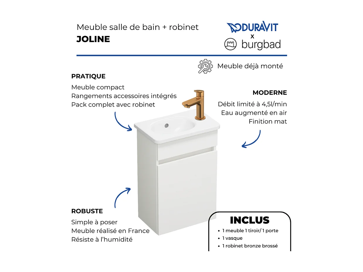 Pack meuble suspendu lave-mains BURGBAD Joline blanc mat + Robinet lave-mains eau froide Duravit Wave bronze brossé