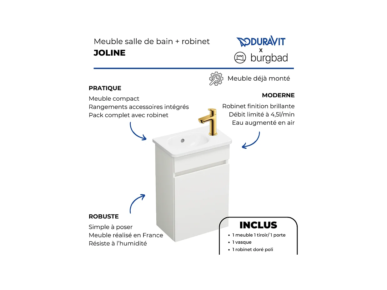 Pack meuble suspendu lave-mains BURGBAD Joline blanc mat + Robinet lave-mains eau froide Duravit Wave Doré poli