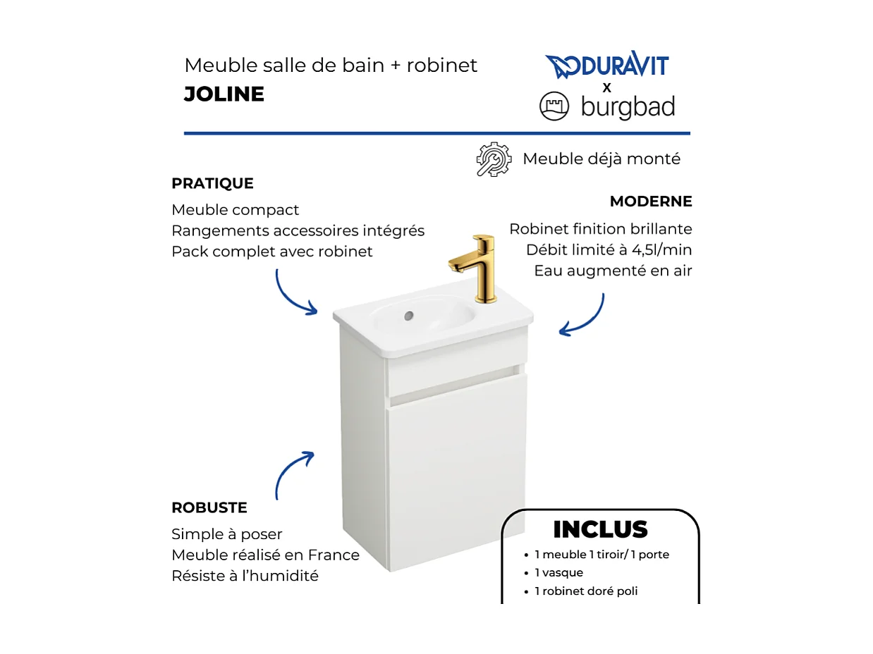 Pack meuble suspendu lave-mains BURGBAD Joline blanc mat + Robinet lave-mains eau froide Duravit Wave Doré poli