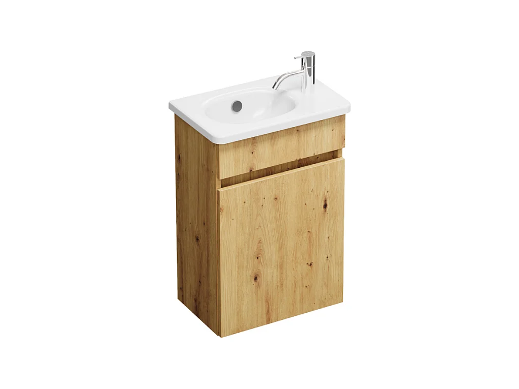 Pack meuble suspendu lave-mains BURGBAD Joline chêne + Robinet lave-mains eau froide Duravit Wave Inox brossé