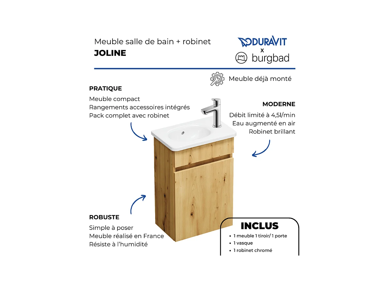 Pack meuble suspendu lave-mains BURGBAD Joline chêne + Robinet lave-mains eau froide Duravit Wave Inox brossé