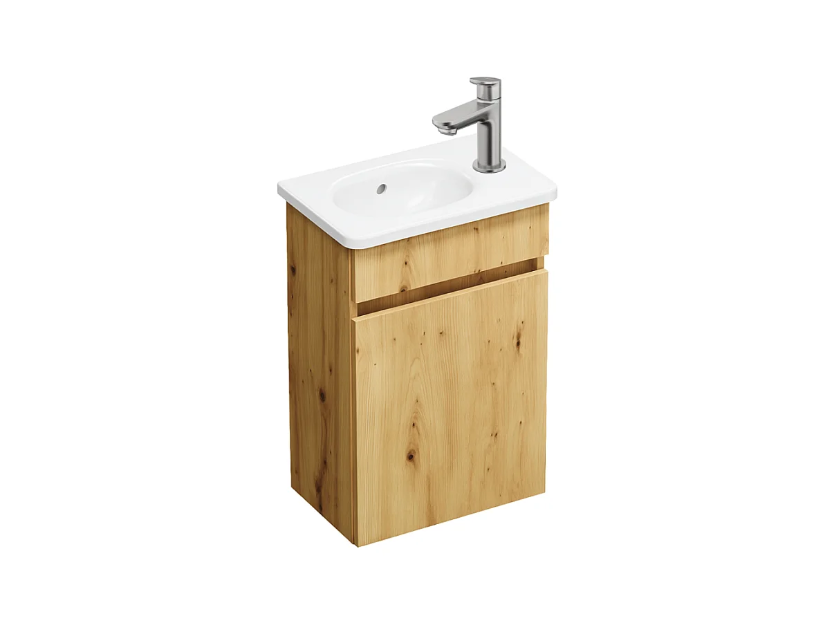 Pack meuble suspendu lave-mains BURGBAD Joline chêne + Robinet lave-mains eau froide Duravit Wave Inox brossé