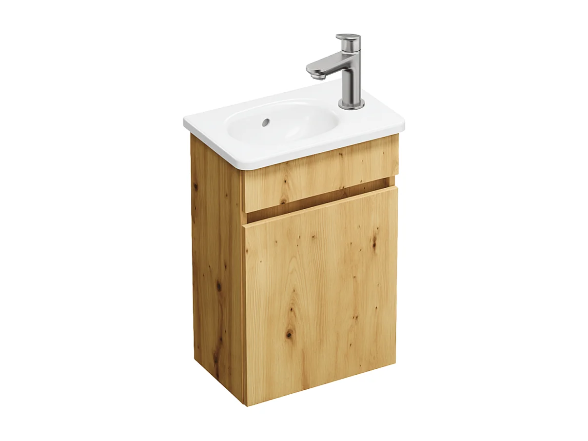 Pack meuble suspendu lave-mains BURGBAD Joline chêne + Robinet lave-mains eau froide Duravit Wave Inox brossé