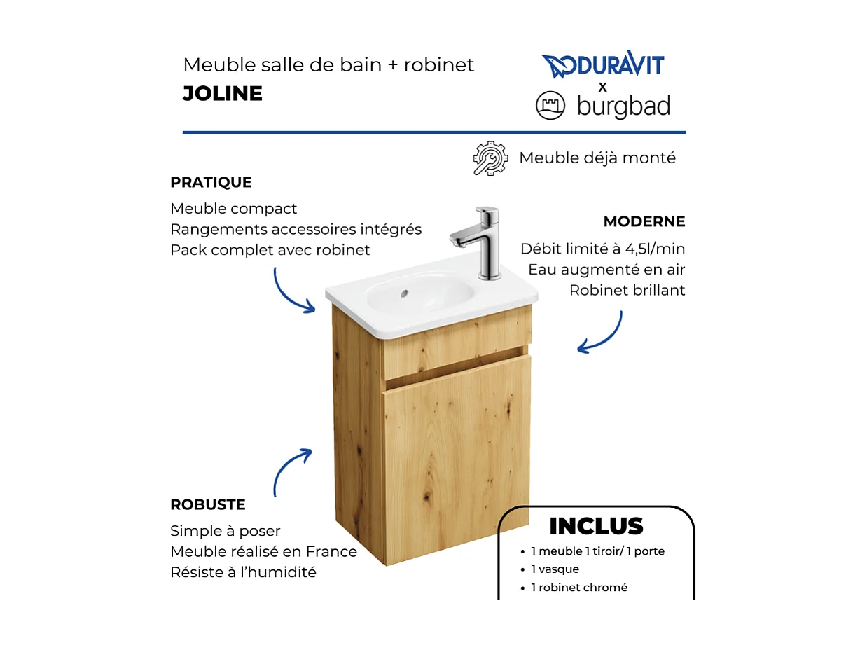 Pack meuble suspendu lave-mains BURGBAD Joline chêne + Robinet lave-mains eau froide Duravit Wave Inox brossé