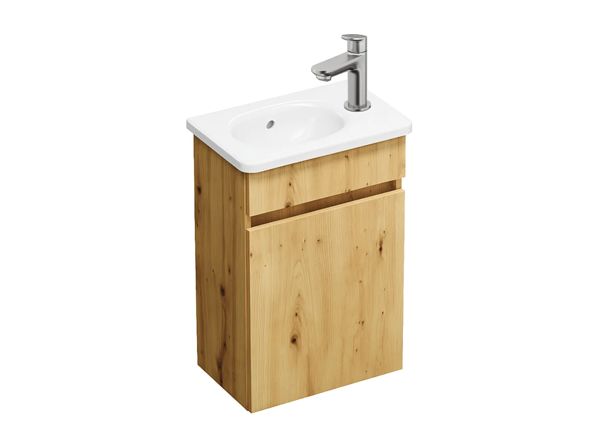 Pack meuble suspendu lave-mains BURGBAD Joline chêne + Robinet lave-mains eau froide Duravit Wave Inox brossé