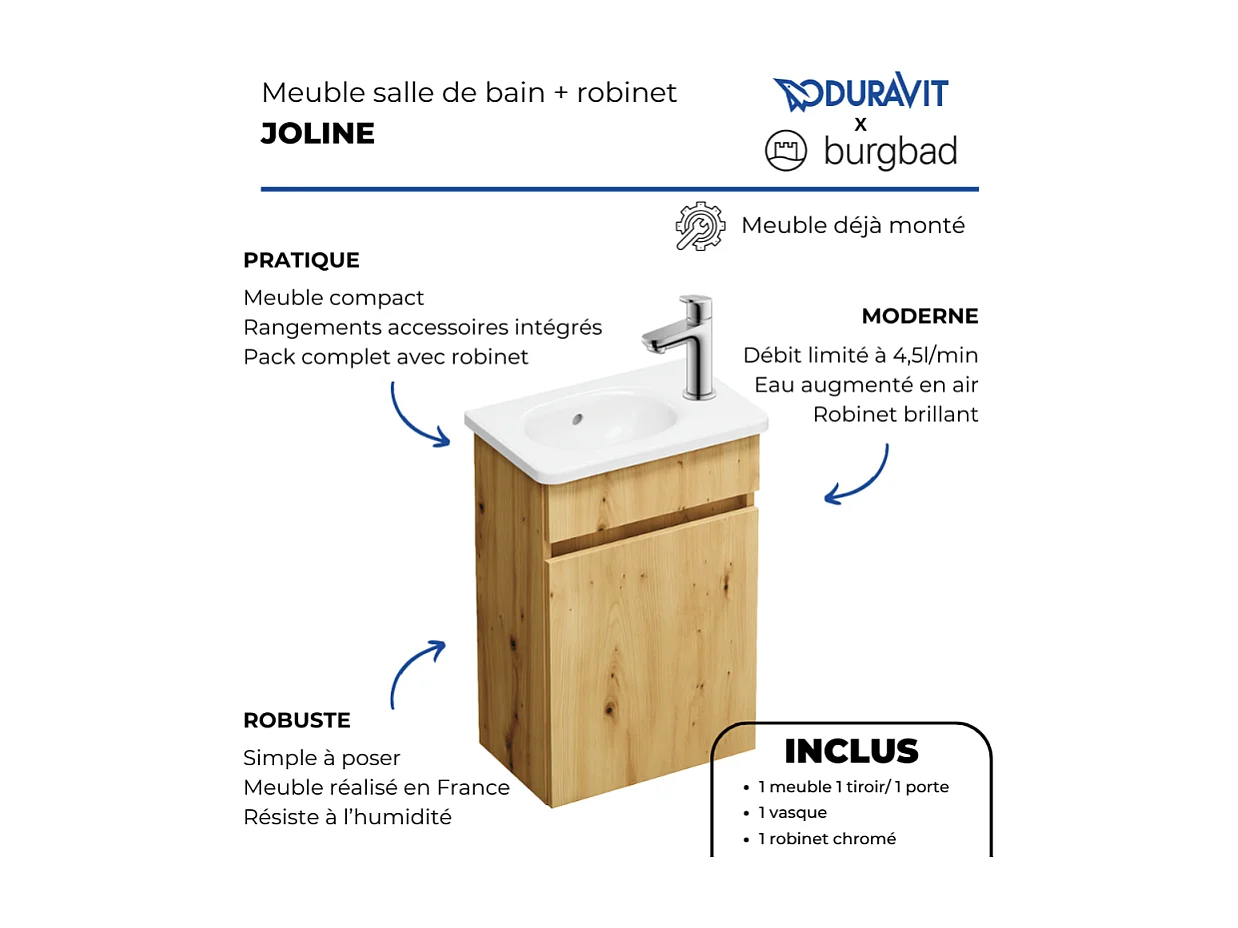 Pack meuble suspendu lave-mains BURGBAD Joline chêne + Robinet lave-mains eau froide Duravit Wave Inox brossé