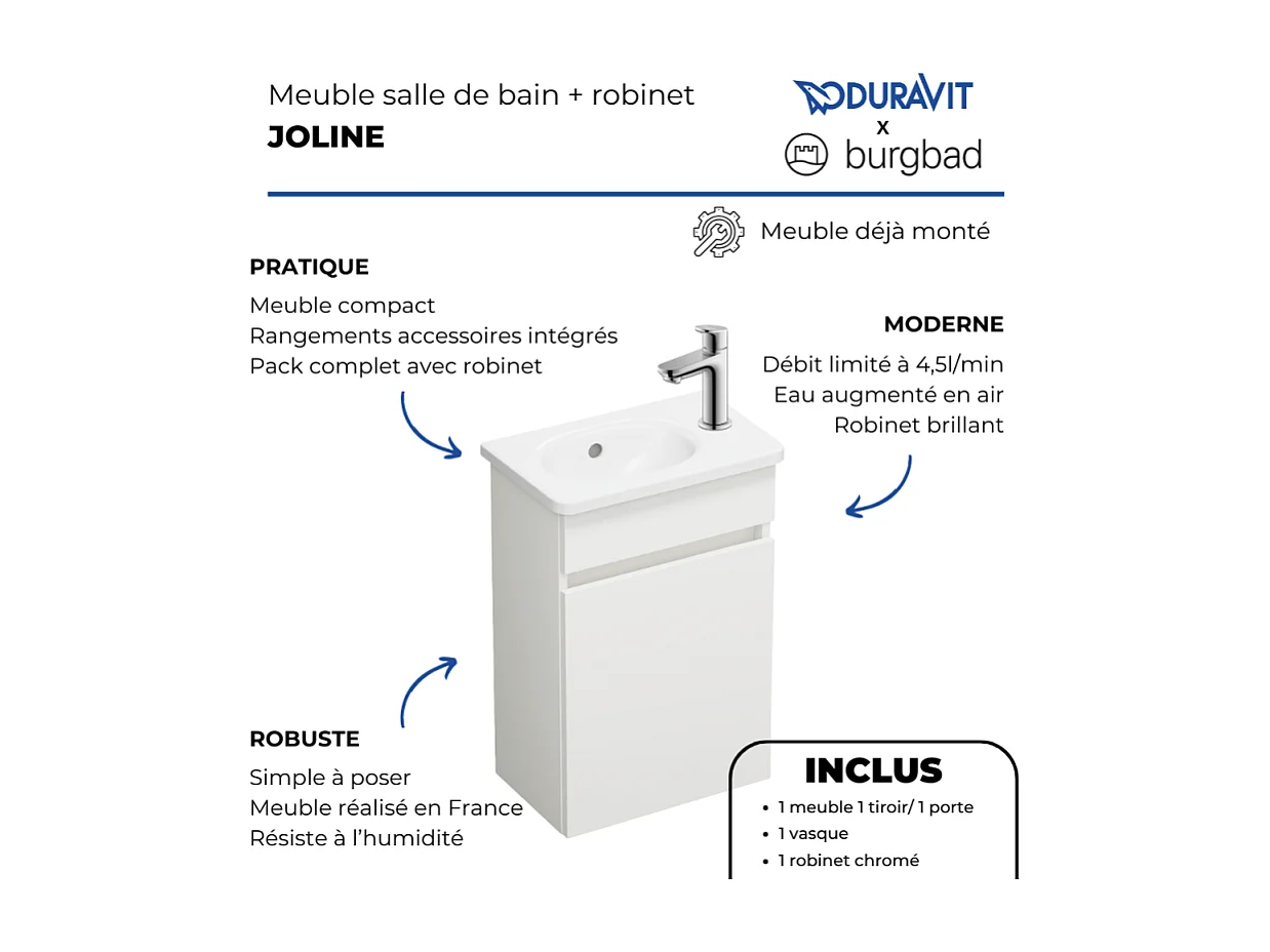 Pack meuble suspendu lave-mains BURGBAD Joline blanc mat + Robinet lave-mains eau froide Duravit Wave Chromé brillant
