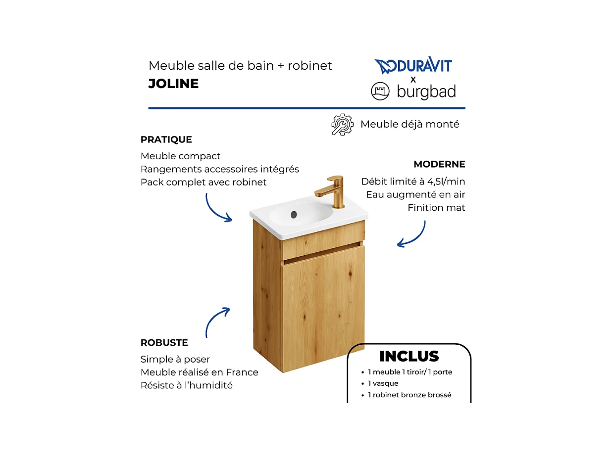 Pack meuble suspendu lave-mains BURGBAD Joline chêne + Robinet lave-mains eau froide Duravit Wave bronze brossé