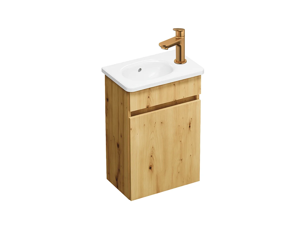 Pack meuble suspendu lave-mains BURGBAD Joline chêne + Robinet lave-mains eau froide Duravit Wave bronze brossé