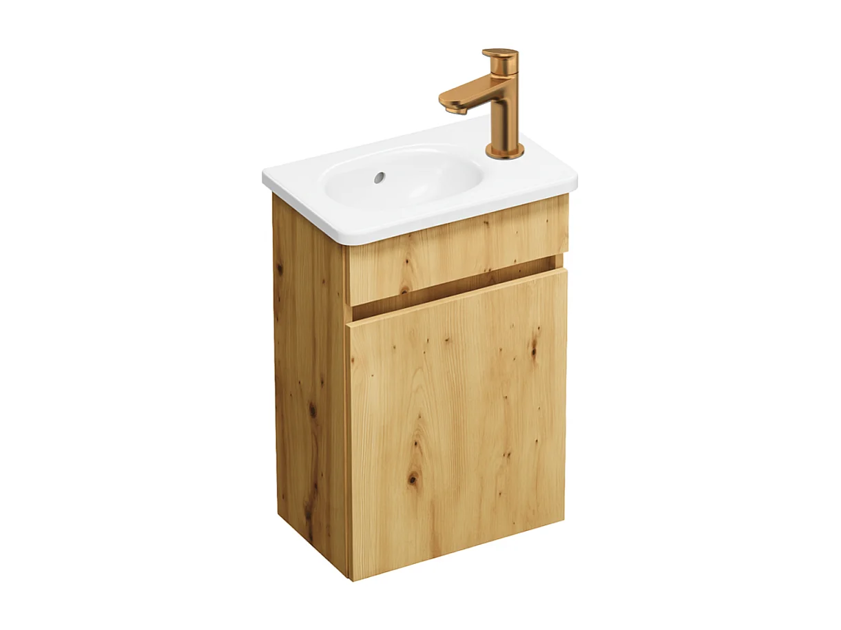 Pack meuble suspendu lave-mains BURGBAD Joline chêne + Robinet lave-mains eau froide Duravit Wave bronze brossé