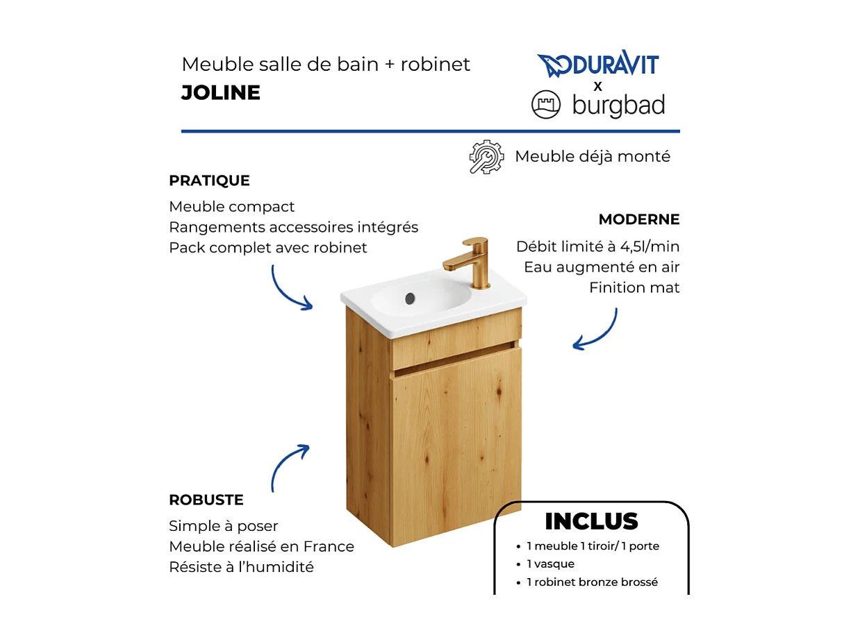 Pack meuble suspendu lave-mains BURGBAD Joline chêne + Robinet lave-mains eau froide Duravit Wave bronze brossé