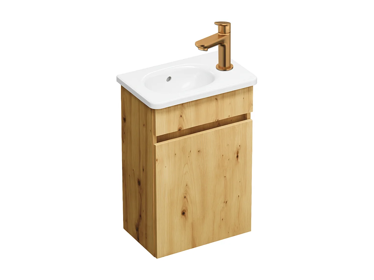 Pack meuble suspendu lave-mains BURGBAD Joline chêne + Robinet lave-mains eau froide Duravit Wave bronze brossé