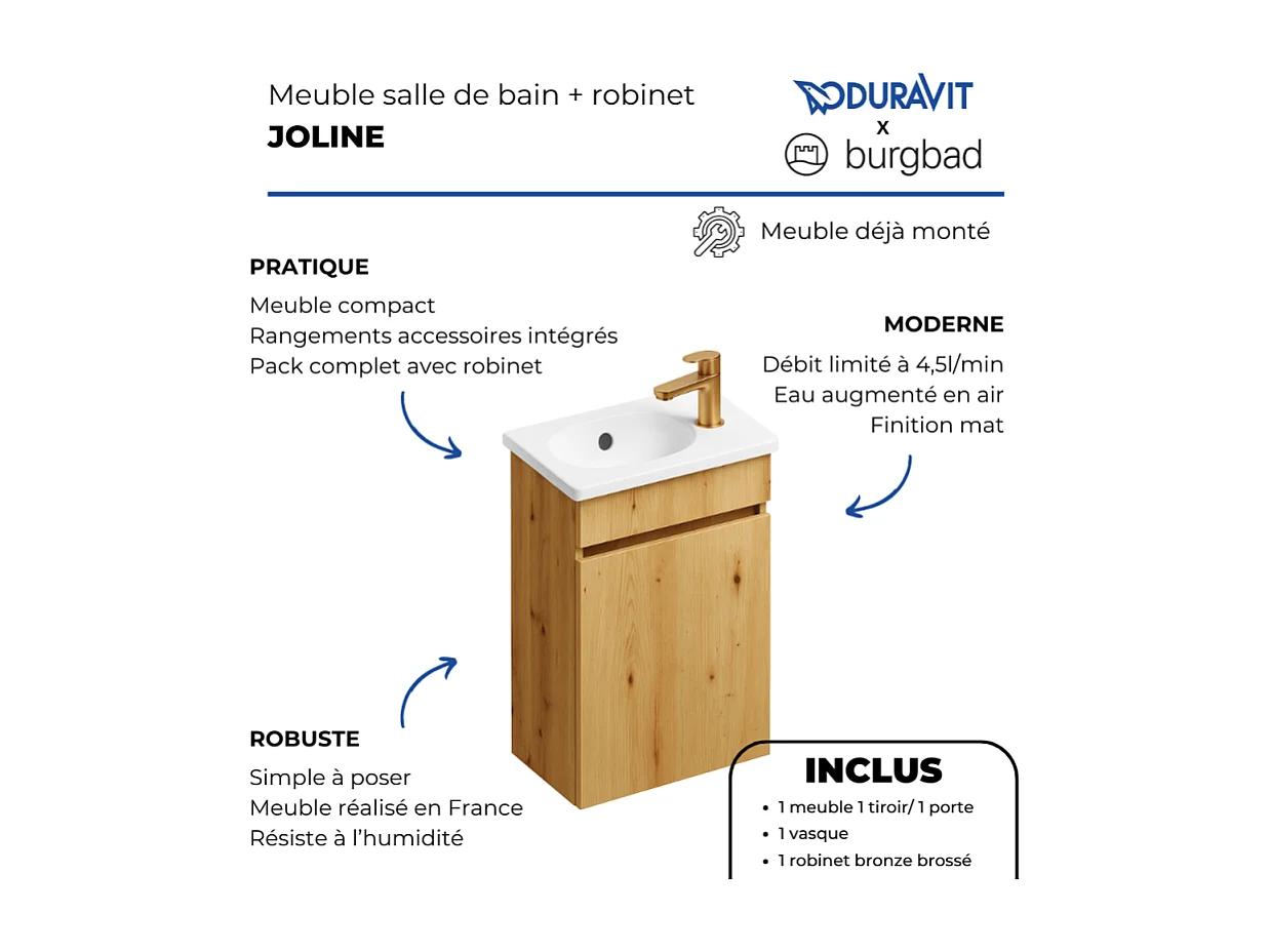 Pack meuble suspendu lave-mains BURGBAD Joline chêne + Robinet lave-mains eau froide Duravit Wave bronze brossé