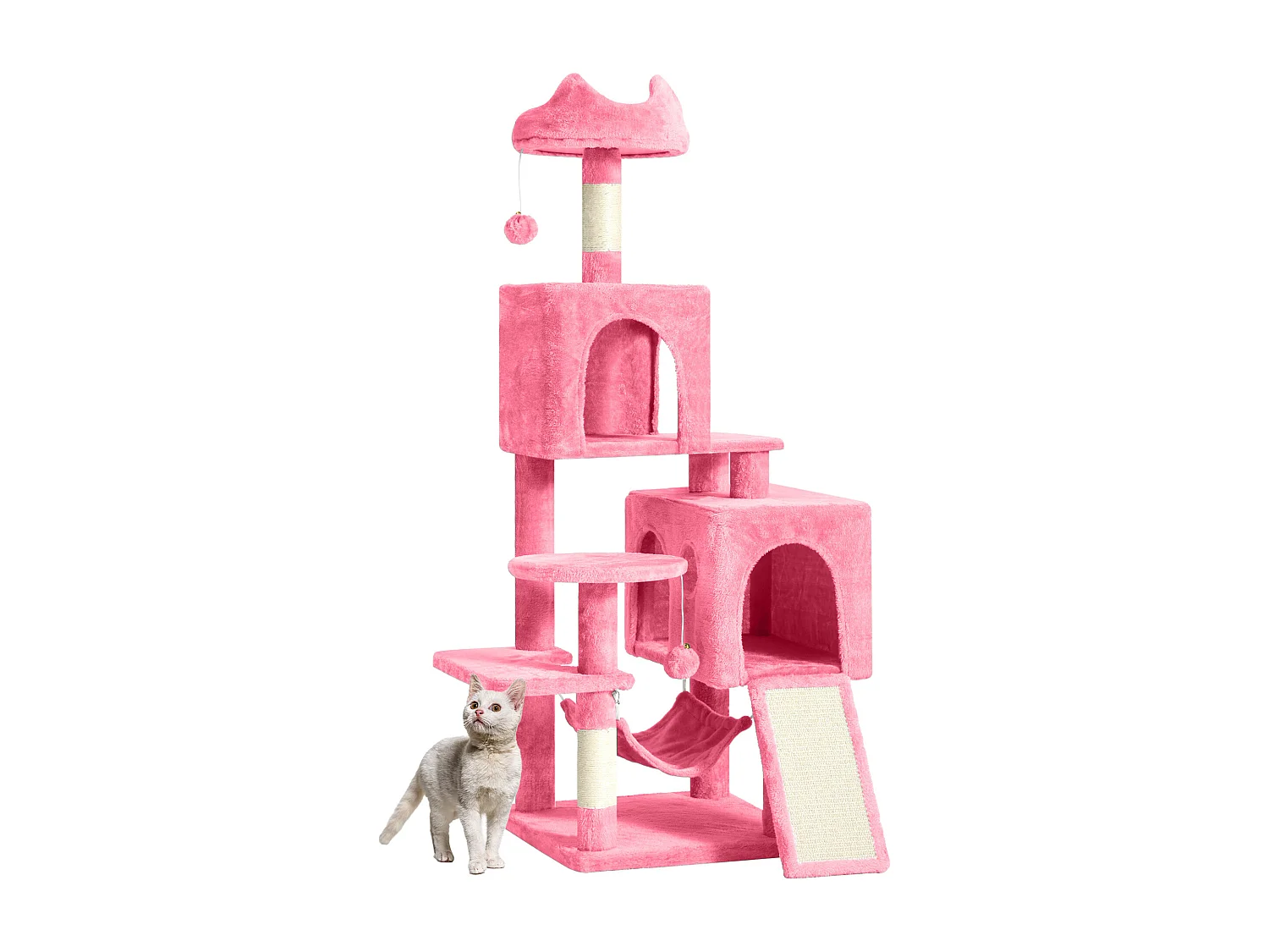 BalconeraGrand arbre à chat de 137 cm avec 2 poteaux en sisal, 1 griffoir, 1 plateforme, 2 niches et un hamac - Arbre à chat grimpant - Rose