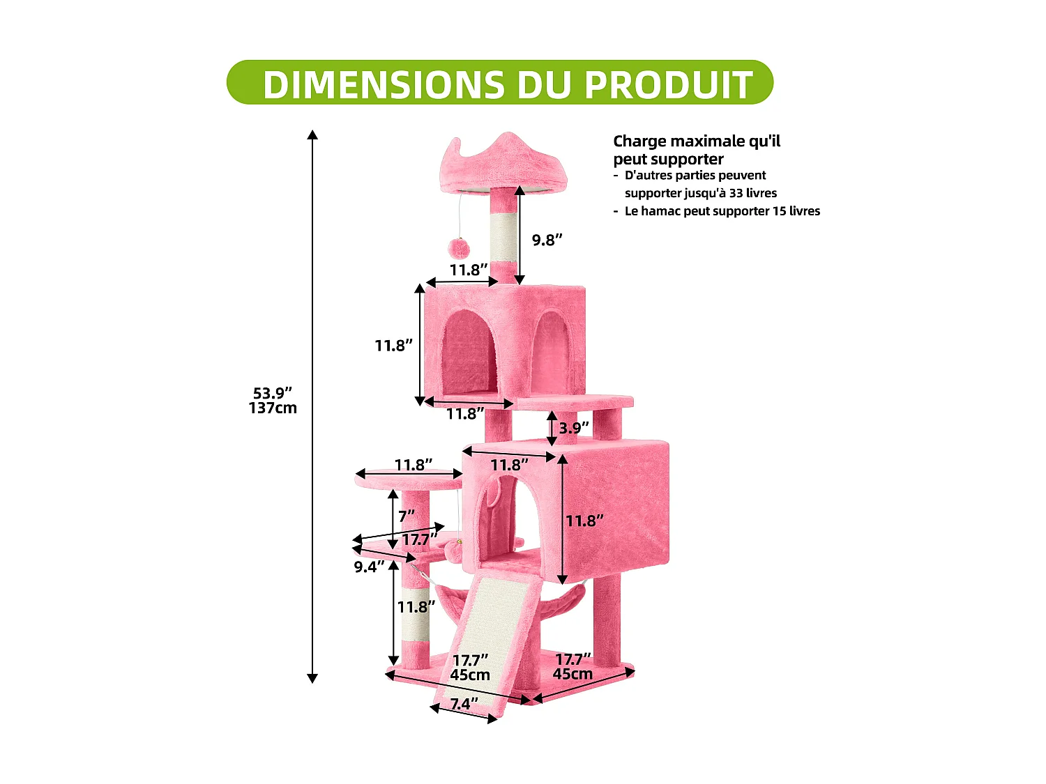 BalconeraGrand arbre à chat de 137 cm avec 2 poteaux en sisal, 1 griffoir, 1 plateforme, 2 niches et un hamac - Arbre à chat grimpant - Rose