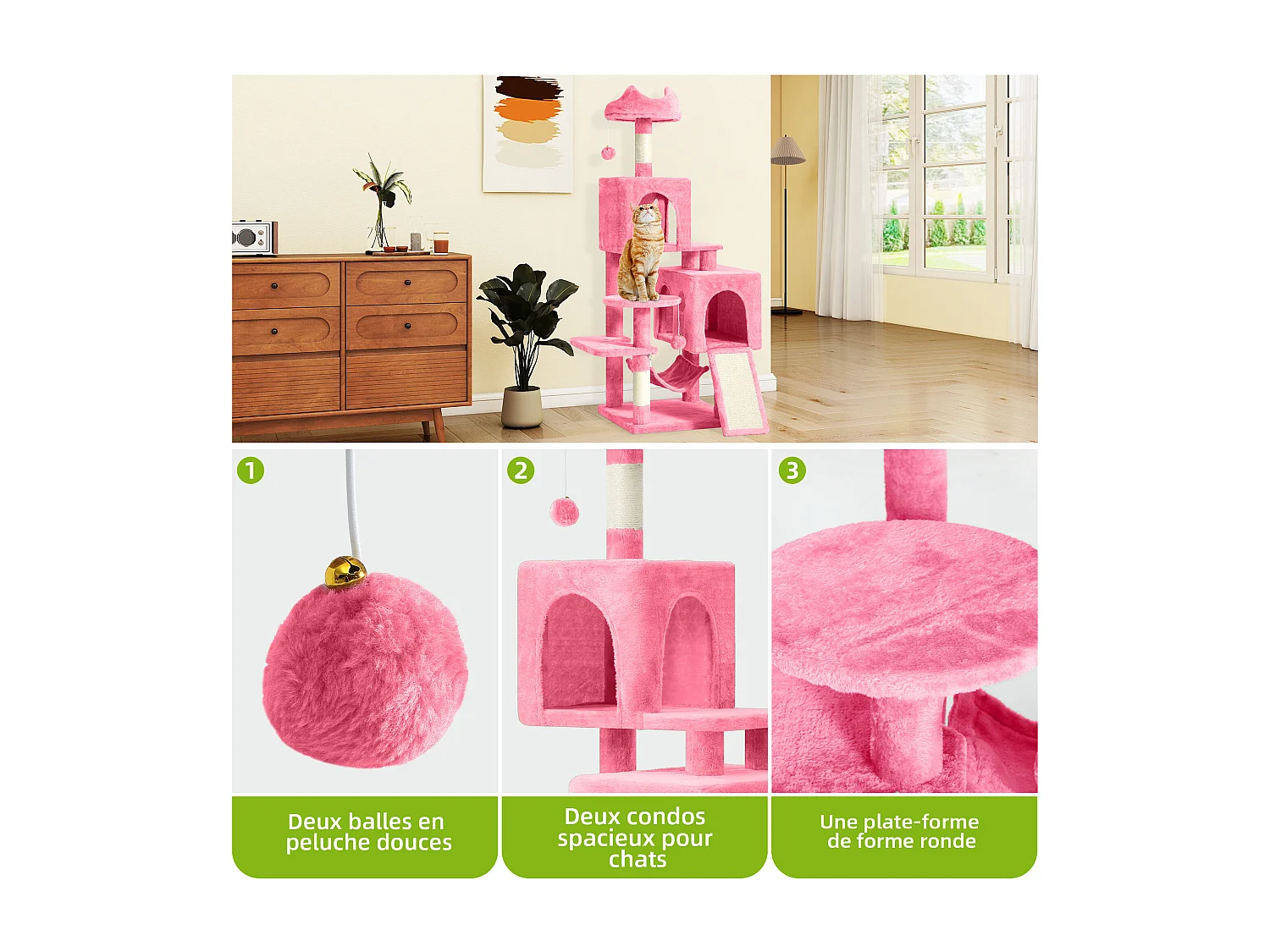 BalconeraGrand arbre à chat de 137 cm avec 2 poteaux en sisal, 1 griffoir, 1 plateforme, 2 niches et un hamac - Arbre à chat grimpant - Rose