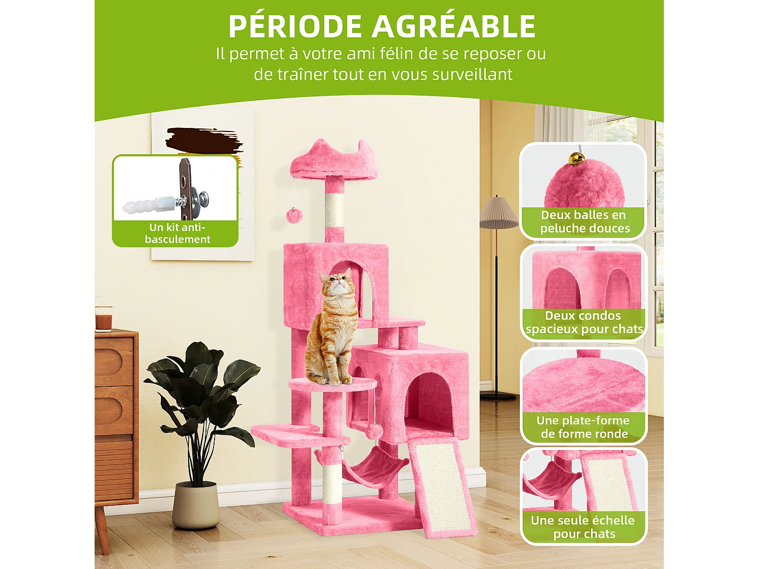 BalconeraGrand arbre à chat de 137 cm avec 2 poteaux en sisal, 1 griffoir, 1 plateforme, 2 niches et un hamac - Arbre à chat grimpant - Rose