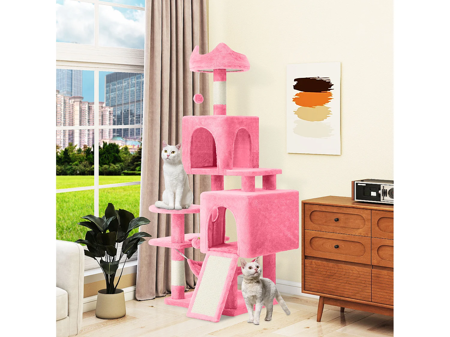 BalconeraGrand arbre à chat de 137 cm avec 2 poteaux en sisal, 1 griffoir, 1 plateforme, 2 niches et un hamac - Arbre à chat grimpant - Rose