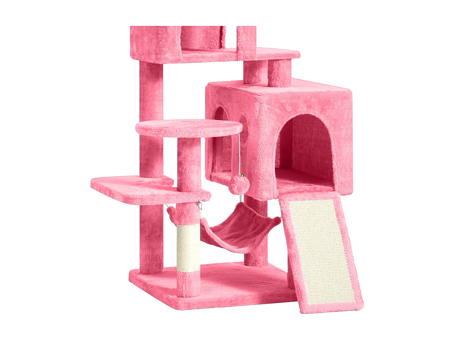 BalconeraGrand arbre à chat de 137 cm avec 2 poteaux en sisal, 1 griffoir, 1 plateforme, 2 niches et un hamac - Arbre à chat grimpant - Rose
