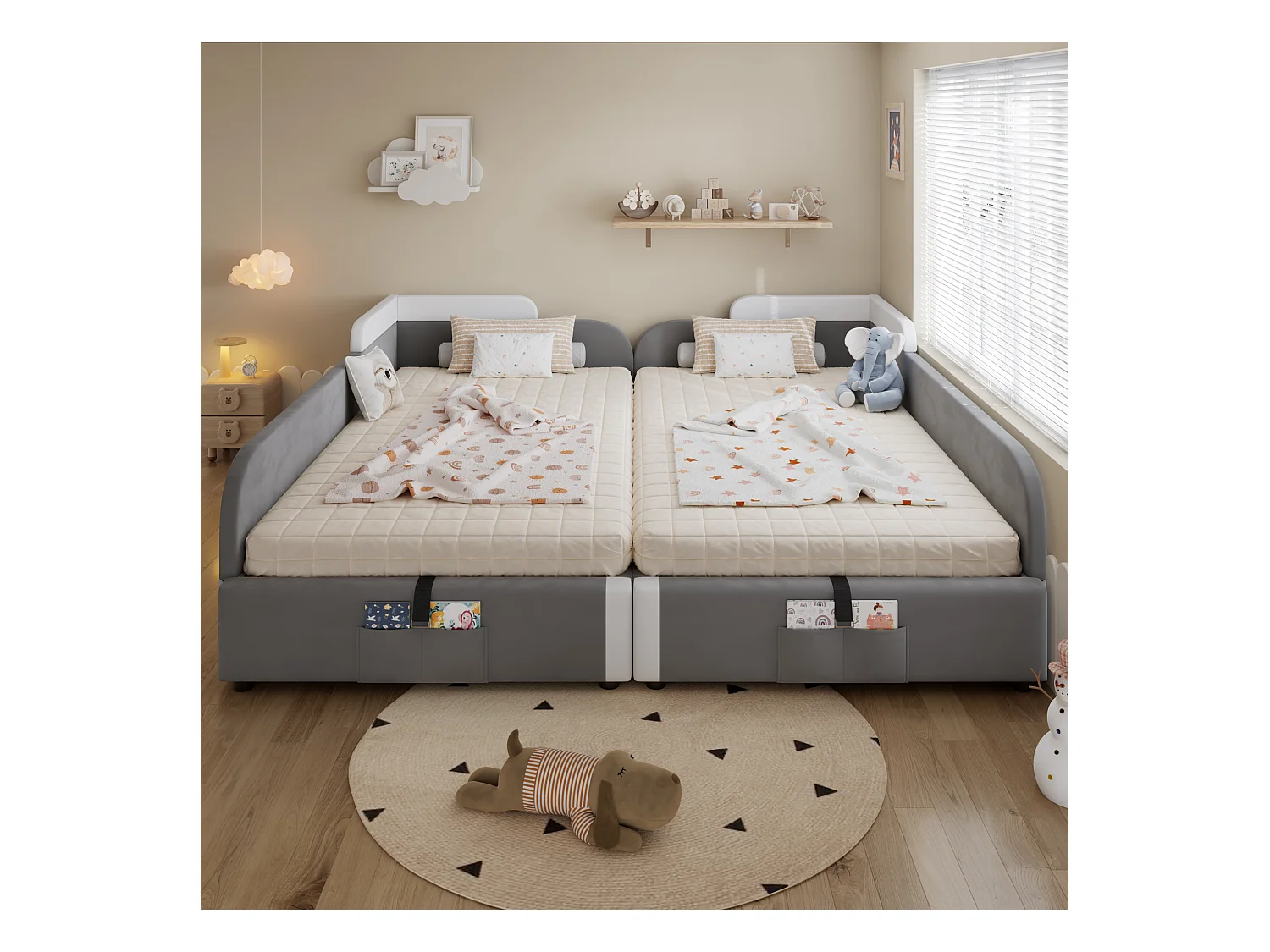 Lit tapissé pour enfant - 2 x 90 x 200 cm - coffre hydraulique + barrière - velours + contreplaqué - gris