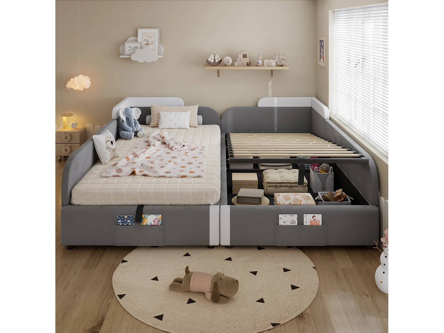 Lit tapissé pour enfant - 2 x 90 x 200 cm - coffre hydraulique + barrière - velours + contreplaqué - gris