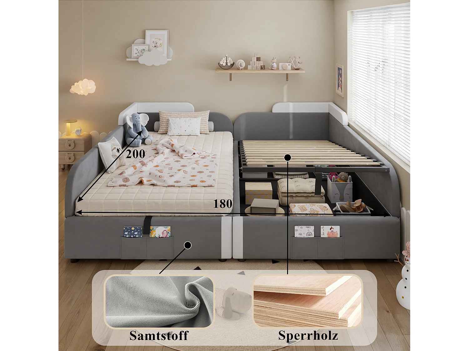 Lit tapissé pour enfant - 2 x 90 x 200 cm - coffre hydraulique + barrière - velours + contreplaqué - gris