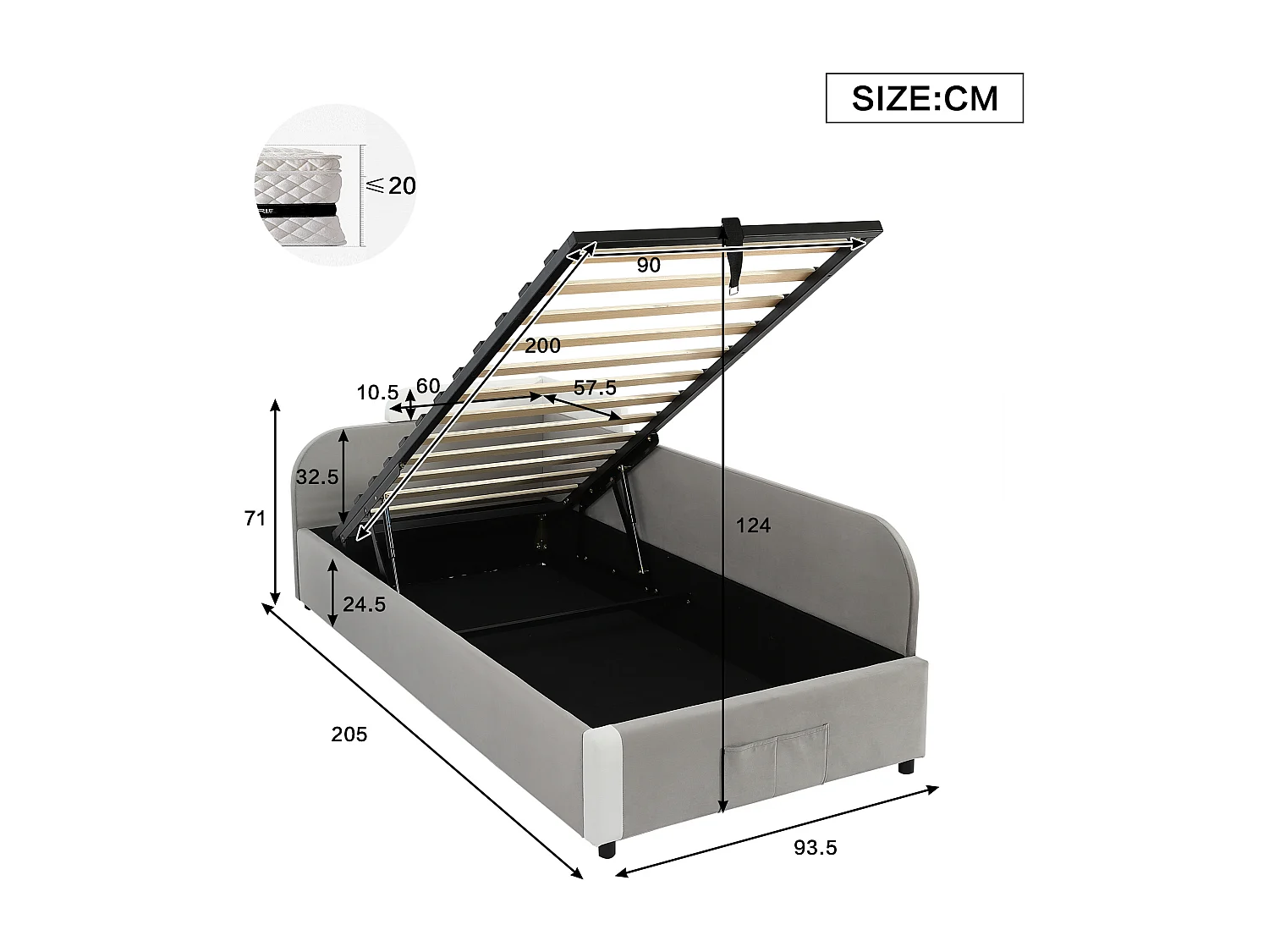 Lit tapissé pour enfant - 2 x 90 x 200 cm - coffre hydraulique + barrière - velours + contreplaqué - gris