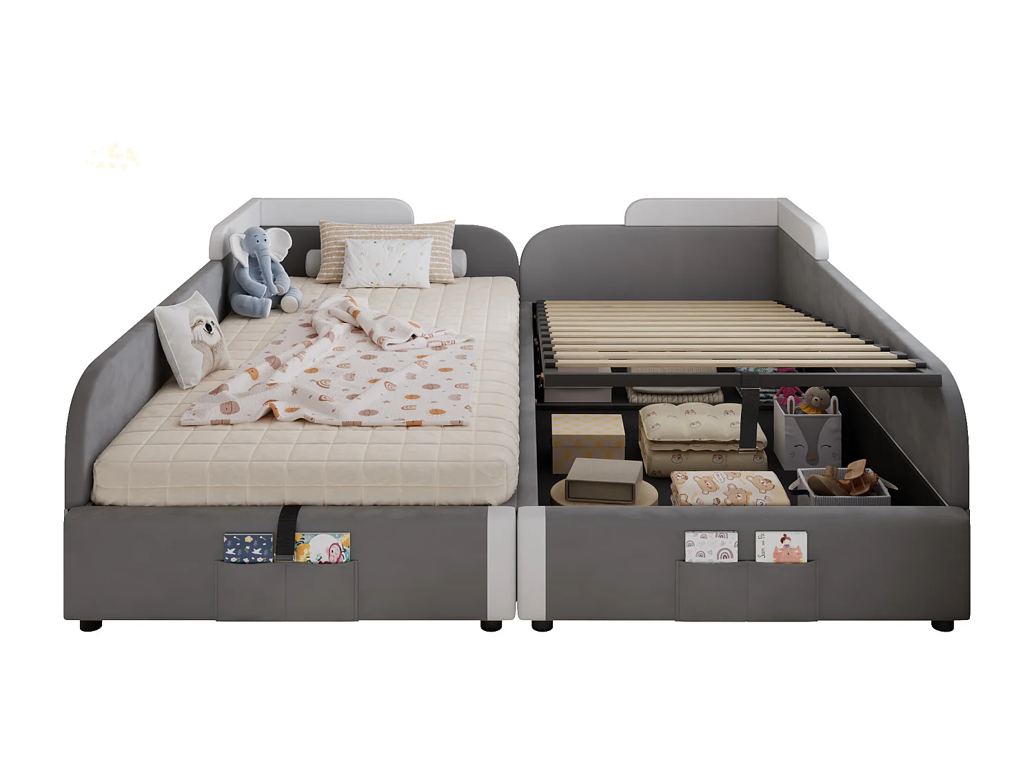 Lit tapissé pour enfant - 2 x 90 x 200 cm - coffre hydraulique + barrière - velours + contreplaqué - gris