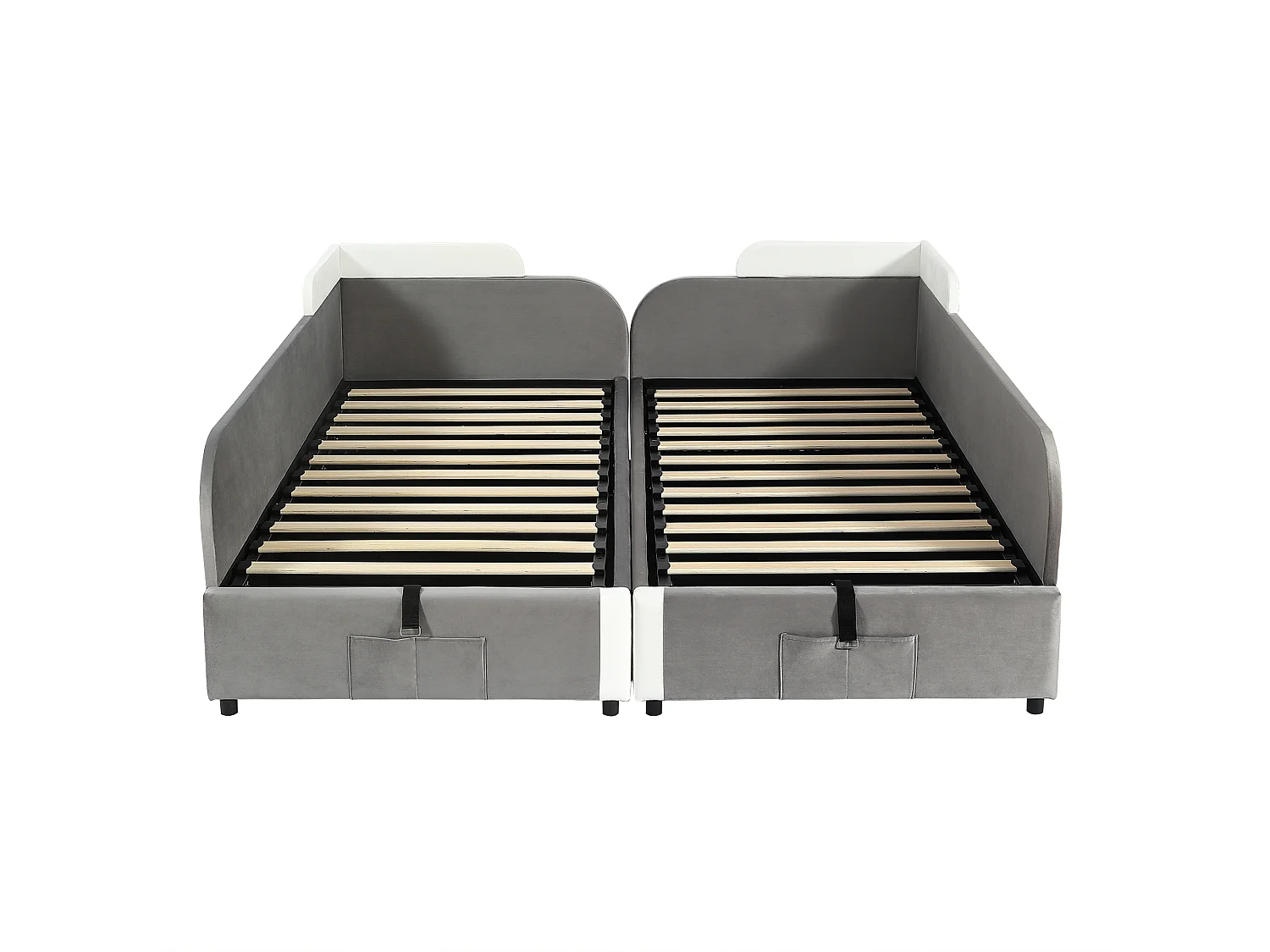 Lit tapissé pour enfant - 2 x 90 x 200 cm - coffre hydraulique + barrière - velours + contreplaqué - gris