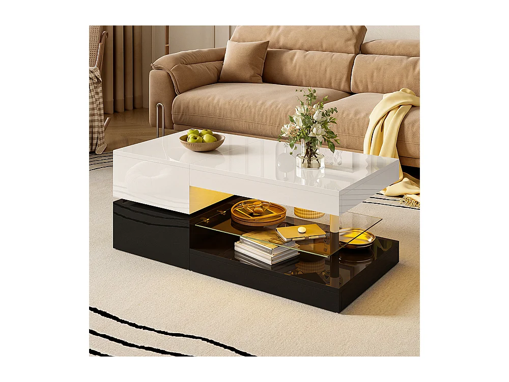 Table basse moderne éclairage LED commande application Bluetooth plateau verre brillant noir blanc salon