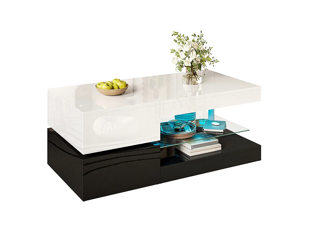 Table basse moderne éclairage LED commande application Bluetooth plateau verre brillant noir blanc salon