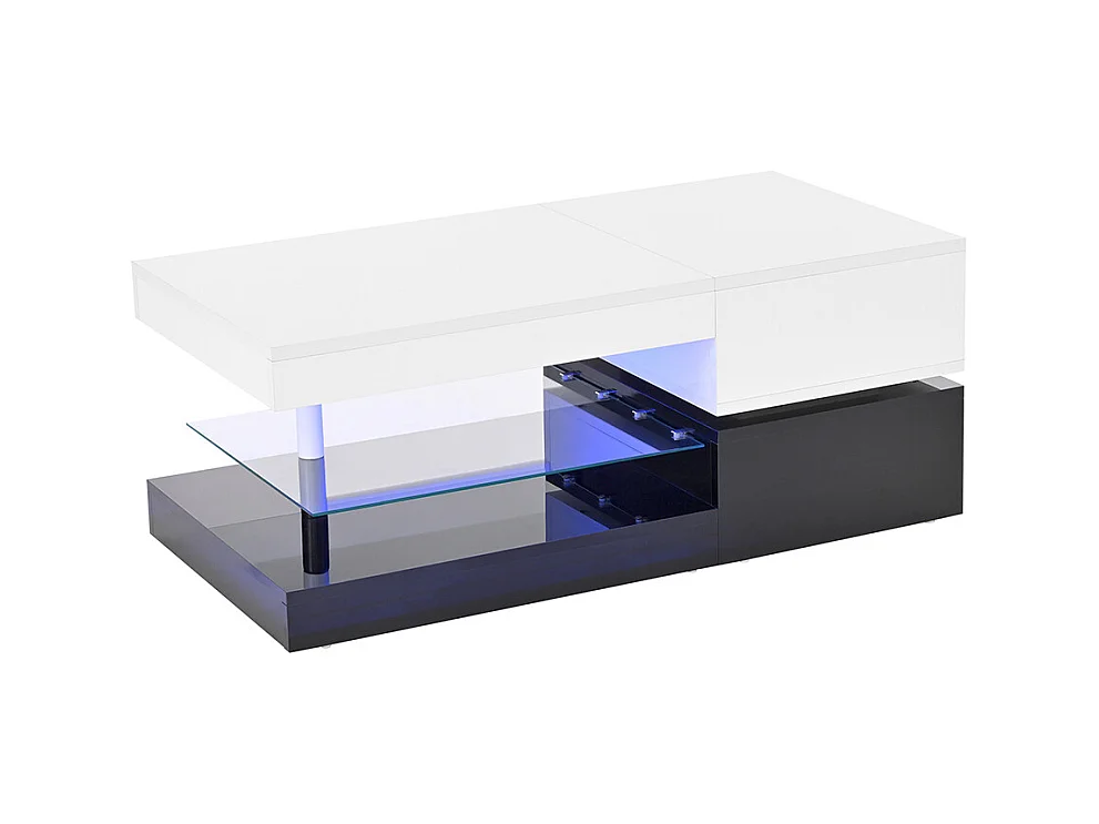 Table basse moderne éclairage LED commande application Bluetooth plateau verre brillant noir blanc salon