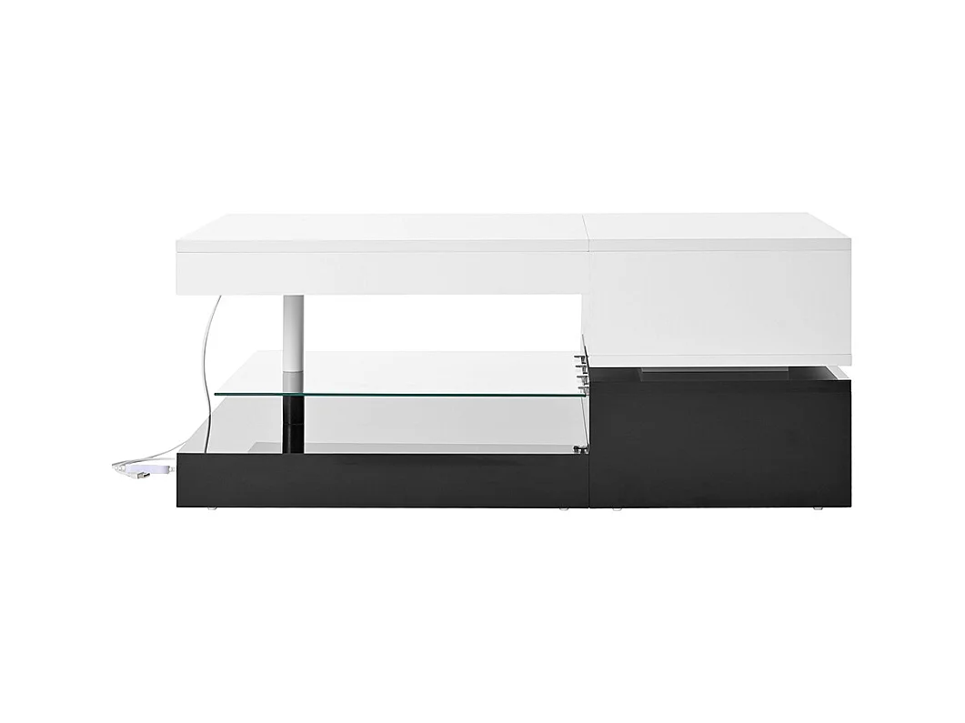 Table basse moderne éclairage LED commande application Bluetooth plateau verre brillant noir blanc salon