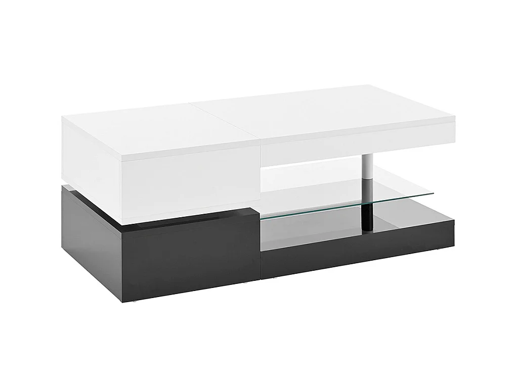 Table basse moderne éclairage LED commande application Bluetooth plateau verre brillant noir blanc salon