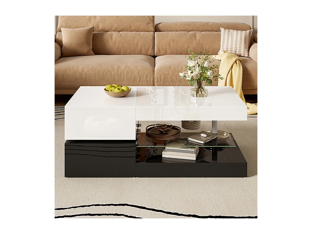 Table basse moderne éclairage LED commande application Bluetooth plateau verre brillant noir blanc salon