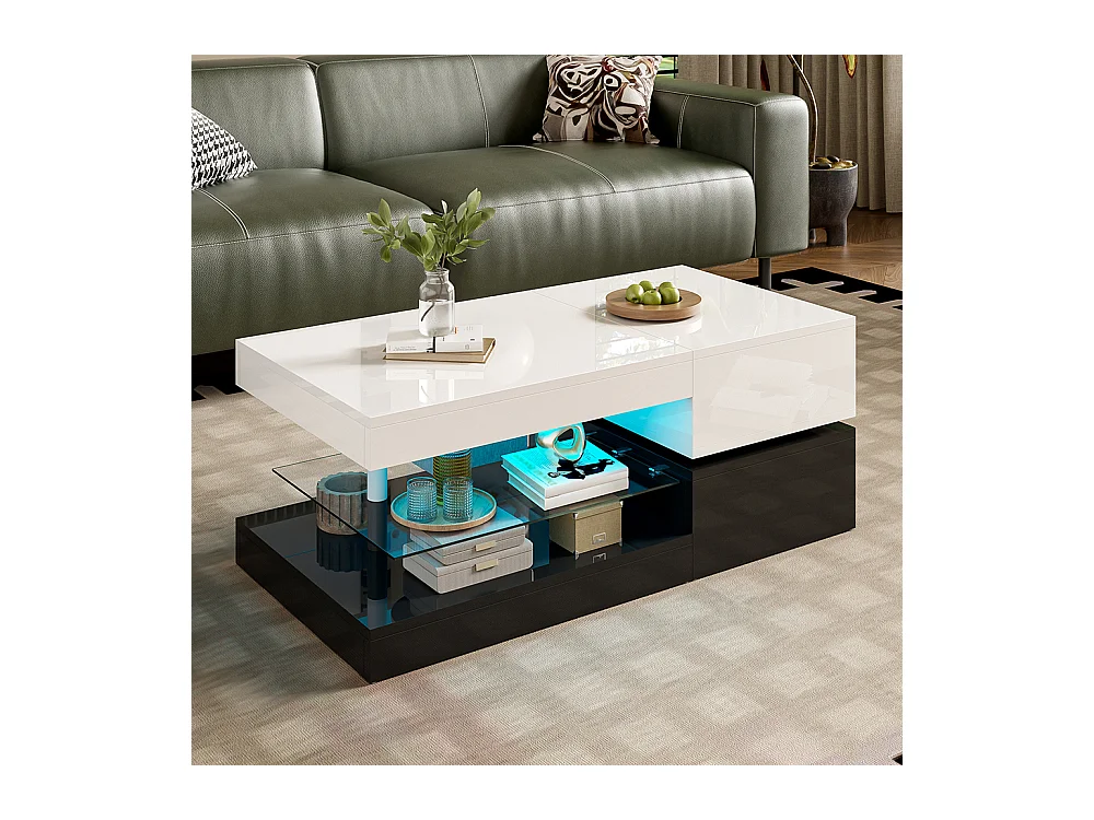 Table basse moderne éclairage LED commande application Bluetooth plateau verre brillant noir blanc salon