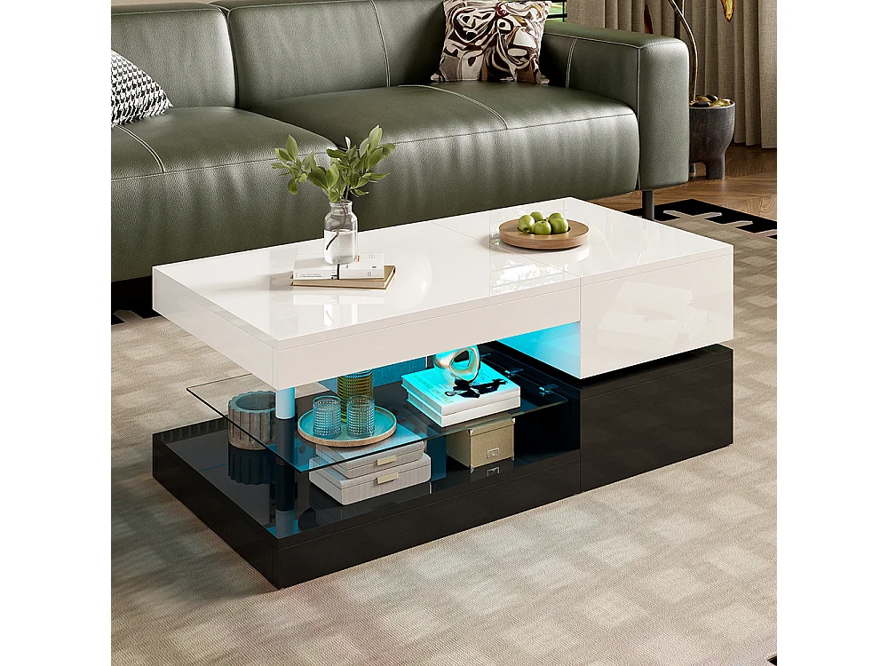 Table basse moderne éclairage LED commande application Bluetooth plateau verre brillant noir blanc salon