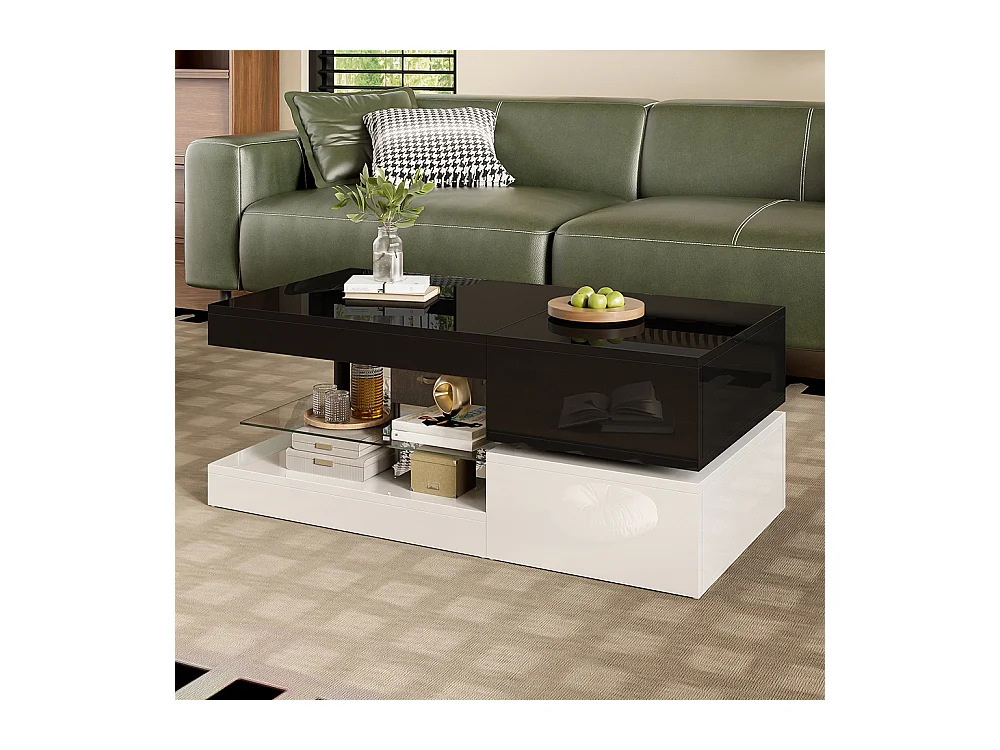 Table basse moderne éclairage LED commande application Bluetooth plateau verre brillant noir blanc salon