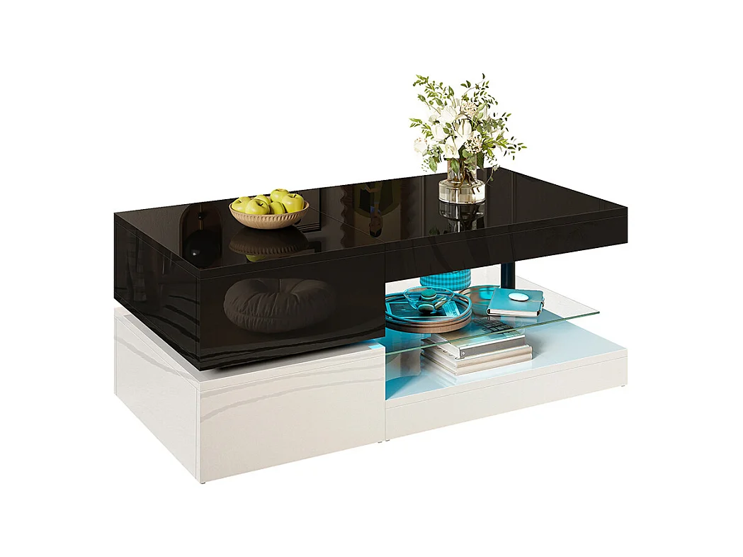 Table basse moderne éclairage LED commande application Bluetooth plateau verre brillant noir blanc salon