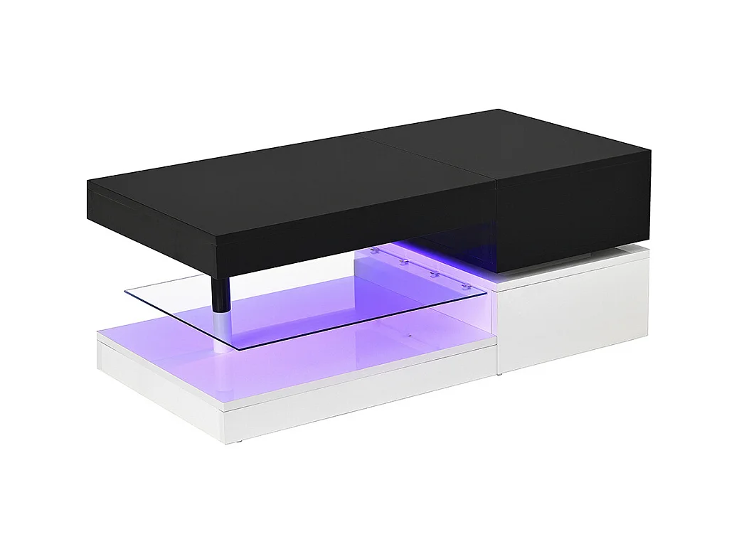 Table basse moderne éclairage LED commande application Bluetooth plateau verre brillant noir blanc salon