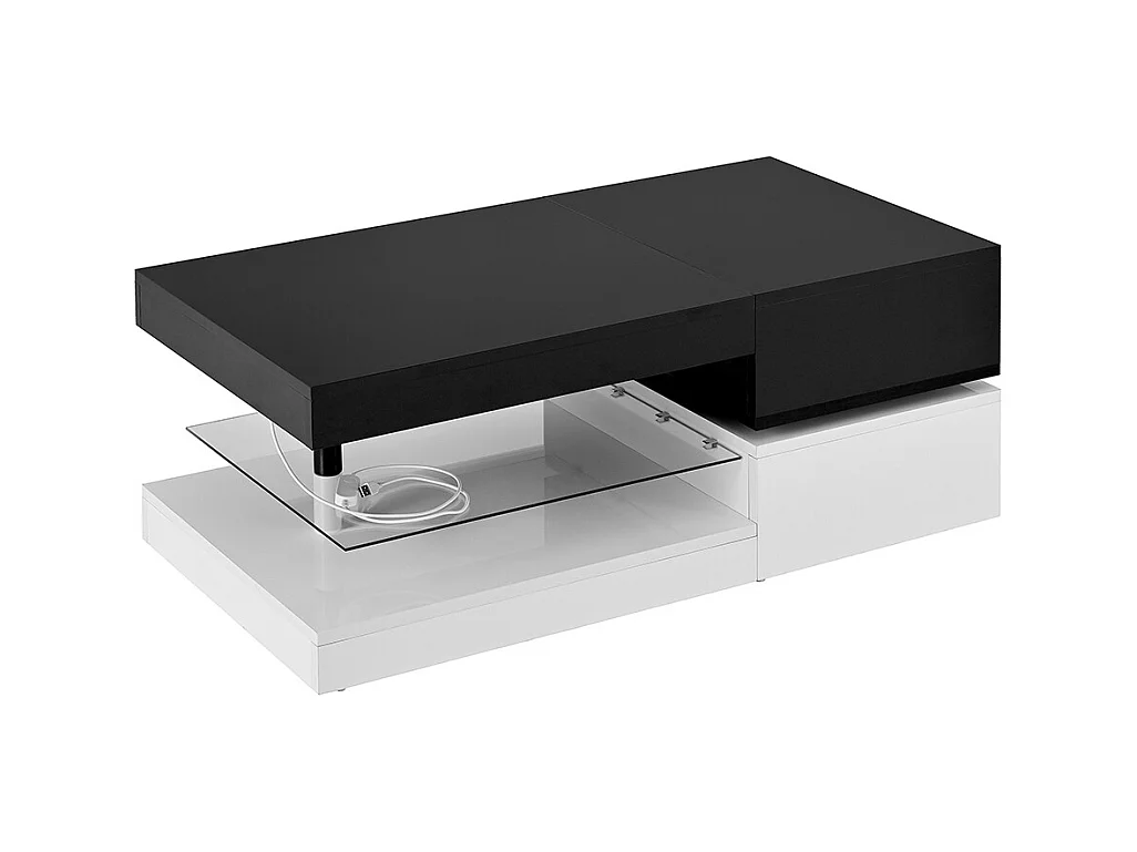 Table basse moderne éclairage LED commande application Bluetooth plateau verre brillant noir blanc salon