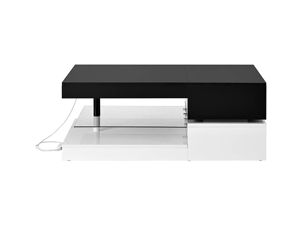 Table basse moderne éclairage LED commande application Bluetooth plateau verre brillant noir blanc salon