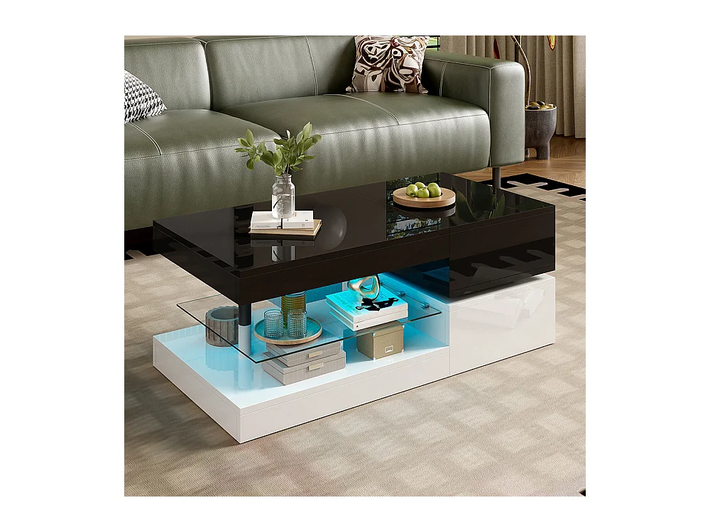 Table basse moderne éclairage LED commande application Bluetooth plateau verre brillant noir blanc salon