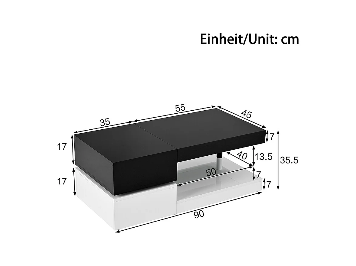 Table basse moderne éclairage LED commande application Bluetooth plateau verre brillant noir blanc salon