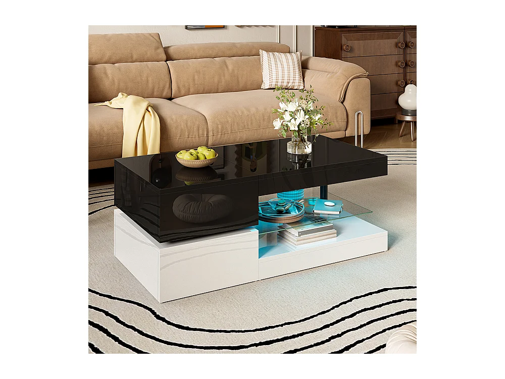 Table basse moderne éclairage LED commande application Bluetooth plateau verre brillant noir blanc salon