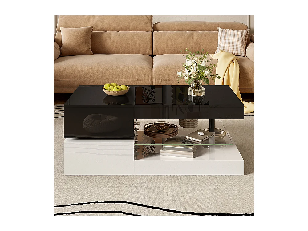 Table basse moderne éclairage LED commande application Bluetooth plateau verre brillant noir blanc salon
